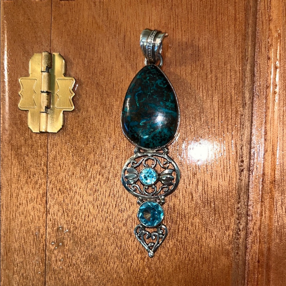 Sterling Silver Green Black Labradorite & Blue Topaz Pendant Size Large